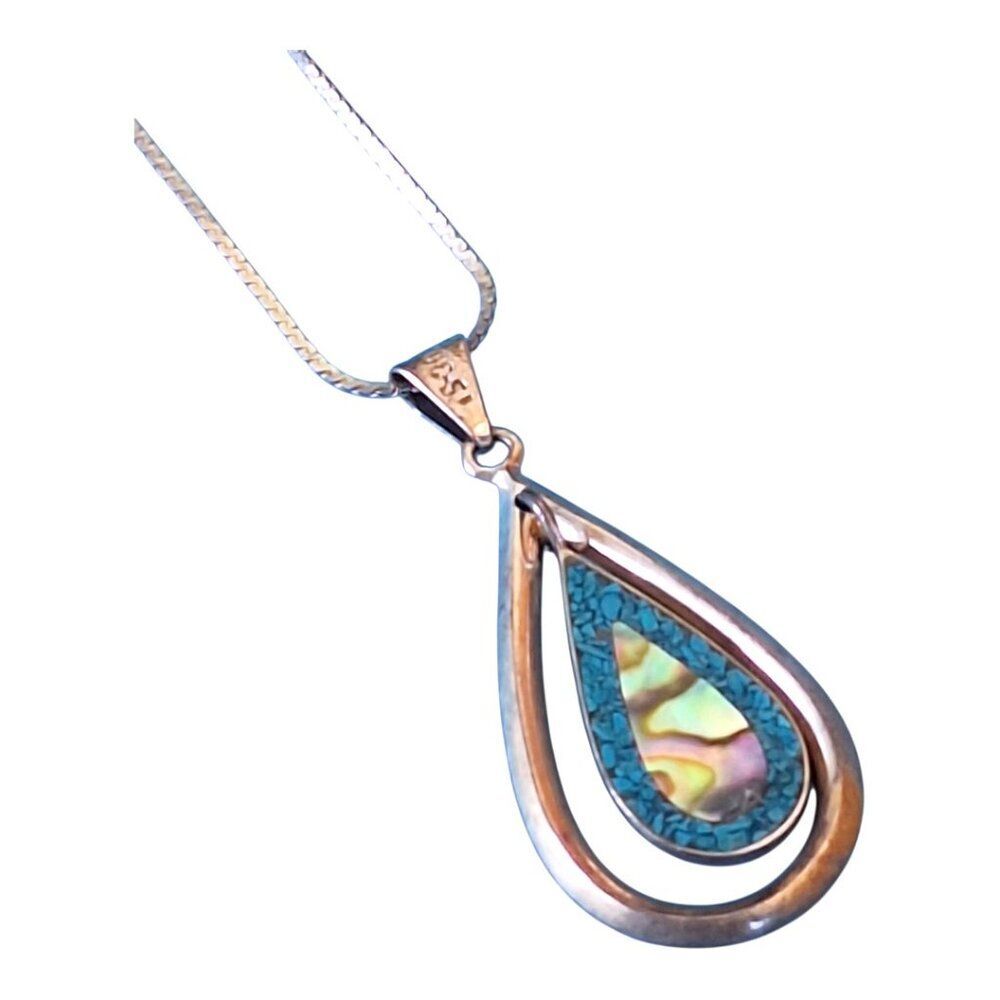 Abalone Turquoise Double Teardrop Necklace Mexico 925 Silver Vintage